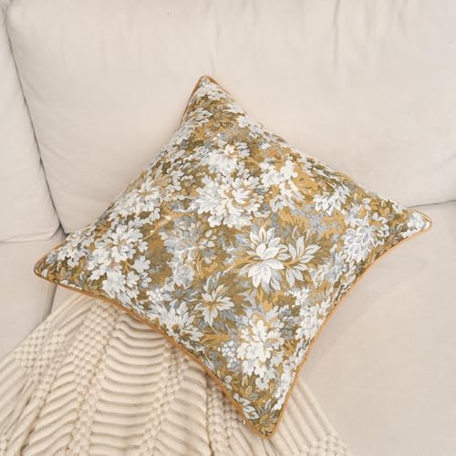 Alerfa Yellow Neutral Floral Pillow Cover 20 x 20 Inch, Vintage Chenille Square Couch Pillow Cover Soft Decorative Farmhouse Accent Pillowcase for Living Room Bedroom