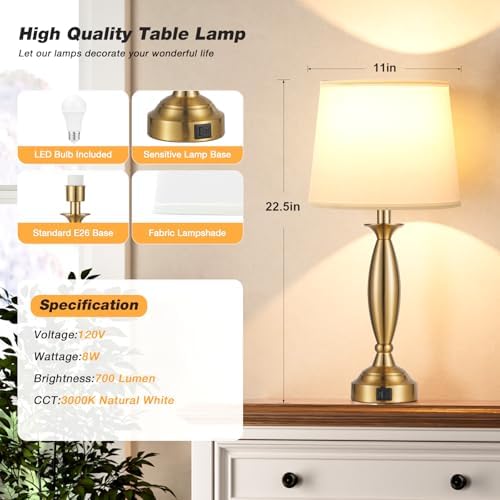 Bedroom Lamps for Nightstand, 3 Way Dimmable Gold Bedside Lamps with USB