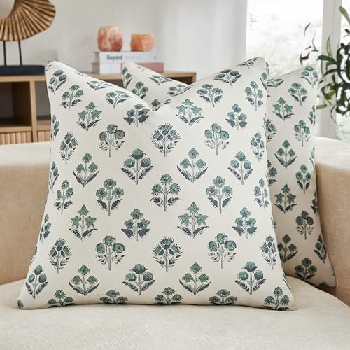 Floral Throw Pillow Covers Set of 2, 22x22 Inches Green