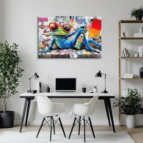 Large Frog Canvas Art Graffiti Picture Wall Decor Framed Funny Frog with Glasses Painting Modern Pop Prints for Living Room Bedroom Game Room Ready to Hang - 28.00"x42.00"