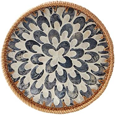 Round Rattan Tray with Mother of Pearl Inlay, Rattan Serving Tray with Wooden Base, Decorative Wicker Basket for Table Decor, Storage and Display of Coffee Bread Food Fruit (Plume)
