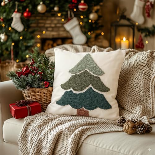 GEEORY Christmas Pillow Covers 16x16 Inch, Embroidered Xmas Tree Throw Pillows Farmhouse Winter Holiday Decor Cushion Case for Sofa & Bed Home Decorations (Green) GX003-1-16