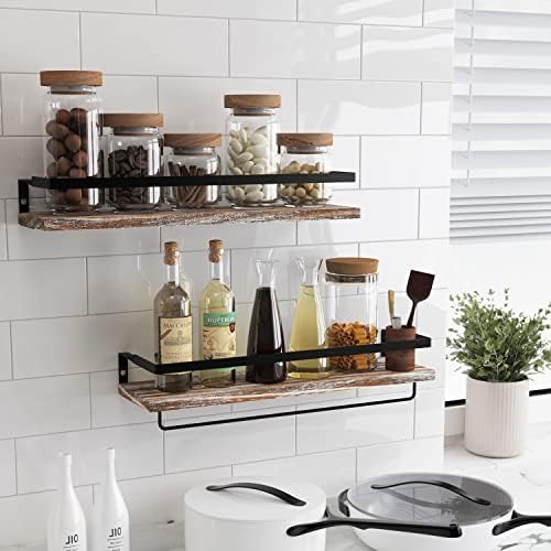Floating Shelves for Wall, Bathroom Shelves with Towel Bar, Wall Mounted Storage Shelves for Kitchen, Bathroom, Set of 2 White Washed