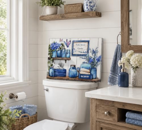 Navy Blue Farmhouse Bathroom Canvas Wall Art Blue Flowers and Butterflies Painting Picture Wall Decor Poster Print Artwork for Toilet Washroom Restroom Home Decoration