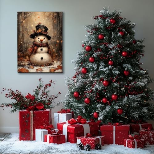 Vintag Snowman in Forest Christmas Canvas Print 20x30, Fall Wall Art, Rustic Winter Holiday Paintings, Christmas Art for Living Room Christmas Poster & Prints for Home Decorations