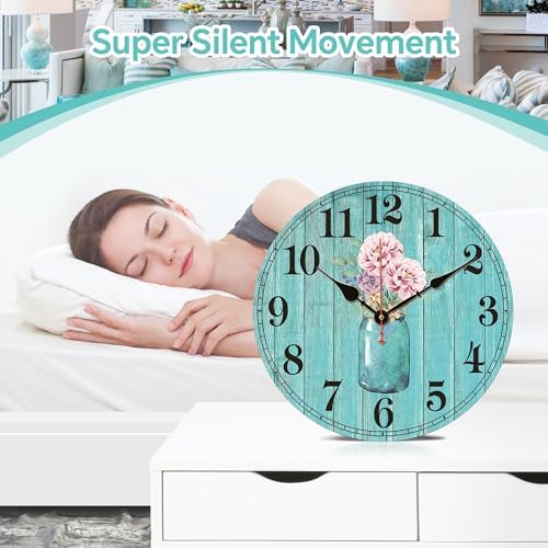 TAHEAT 12 Inch Teal Flowers Wall Clock, Wood Vintage Floral Clocks, Decorative Battery Operated Wall Clocks for Kitchen Living Room Bedroom Bathroom Office