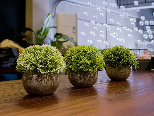 Opps Artificial Plastic Mini Plants Unique Fake Fresh Green Grass Flower in Gray Pot for Home Décor – Set of 3