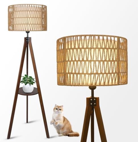 LAMSU Boho Tripod Floor Lamp with Shelves, Mid Century Wood Standing Lamp with Rattan & Fabric Shades, ON/Off Foot Switch, Modern Farmhouse Tall Floor Lamps for Living Room Bedroom Office
