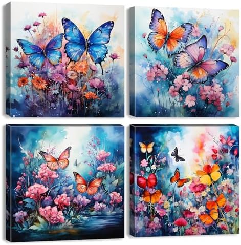 Abstract Wildflower Canvas Wall Art Bathroom Decor Colorful Butterfly Canvas Prints Pictures Watercolor Daisy Poppy Floral Nature Flowers Artwork for Living Room Bedroom Home Decorations 16x16" 4Pcs