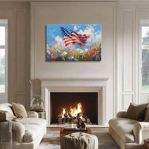 RIBNTAK Made in USA 4th of July Canvas Print Wall Art, Impressionist American Flag & Wildflowers Painting Artwork for Living Room, Patriotic Independence Day Pictures, Americana Home Decor