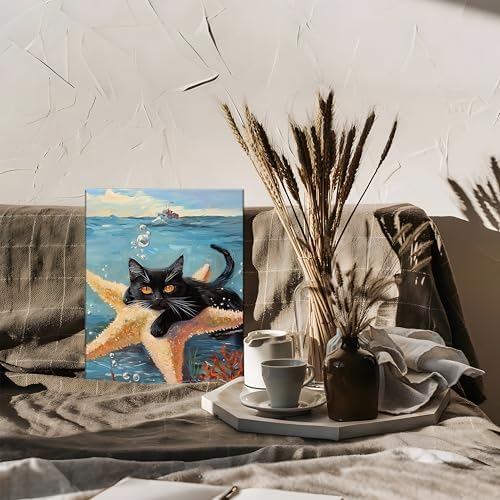 Framed Black Cat Ocean Wall Art, Cute Cat Holding Starfish Canvas Print, Funny Animal Lovers Sea Life Painting Picture for Bathroom Bedroom Kids Room Home Decor 12x16 Inch