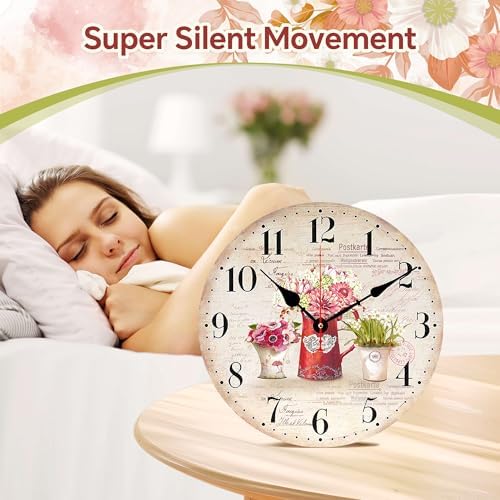 TAHEAT 8 Inch Plants Flowers Wall Clock, Small Vintage Kitchen Clocks Decorative, Rustic Battery Operated Wall Clocks for Living Room Bedroom Bathroom Office
