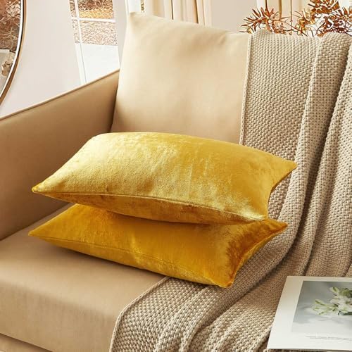 JUSPURBET 12x20 Lumbar Velvet Throw Pillow Covers Set of 2,Golden
