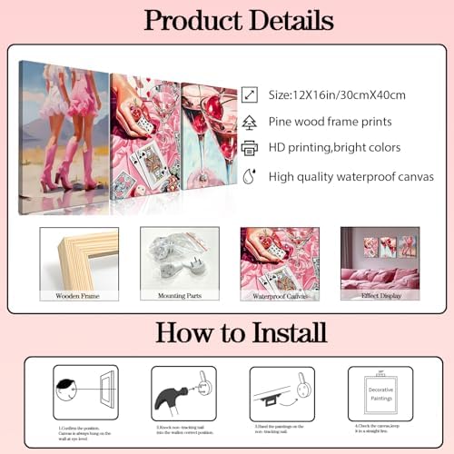 Framed Pink Preppy Wall Art Set of 3, Cowgirl Boots Cherry Cocktail Pictures Wall Decor, Trendy Poker Paintings Canvas Prints Girly Aesthetic Home Decor for Living Room Bedroom Dorm Bar 12x16 inch