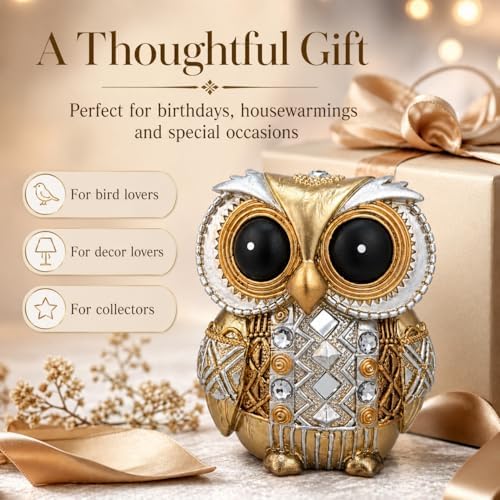 Gold Owl Statue Small Figurine Shelf Decor