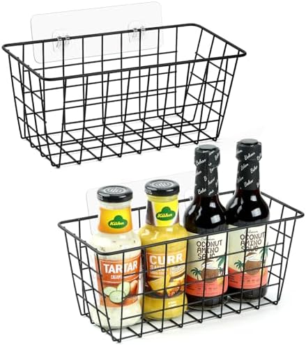 ZUSHALLMY 2 Pack Wire Baskets for Wall, No Drill Adhesive Kitchen Storage