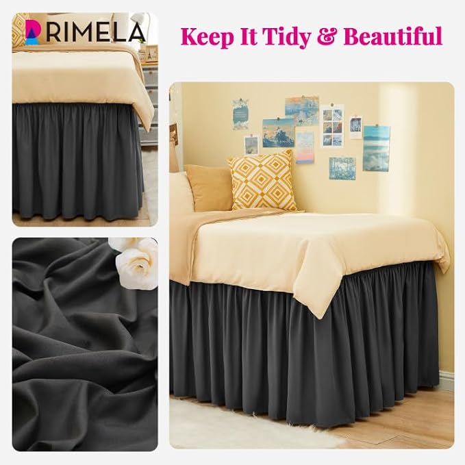 Dorm Bed Skirt Twin XL 32" Drop, College Dorm Room Essentials, Dark Grey | Solid ruffled, Wrap-around/elastic, Wrinkle & Fade resistant, with Adhesive Strips, Gift Packed, Machine Wash/Tumble Dry/Iron