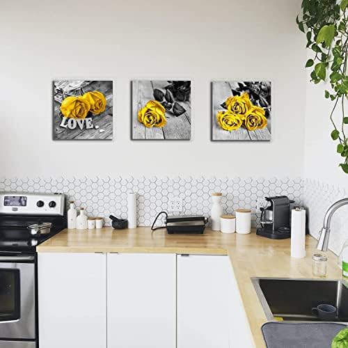 Yellow Rose Wall Art Kitchen Decor Black and White Flowers Canvas Prints Picture Romantic Floral Love Bathroom Photo Paintings Modern Aesthetic Flower Artwork for Bedroom Home Decorations 14x14”3Pcs