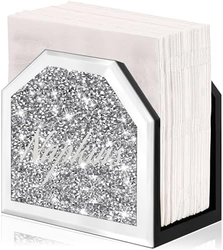 Wocred Mirror Napkin Holder,Crystal Crushed Diamond Vertical Holder,Cute Tissue Holder Holds Napkins Upright for Bathroom，Dining Table，Kitchen Table.(5.9”X5.9”X3”)