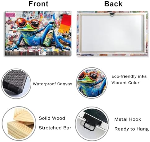 Frog Canvas Art Graffiti Picture Wall Decor Framed Funny Frog with Glasses Painting Modern Pop Prints for Living Room Bedroom Game Room Ready to Hang - 20.00"x30.00"