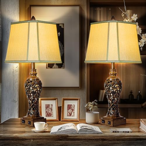 28.5" Farmhouse Vintage Table Lamp Set of 2 with Nightlight, Dark Bronze