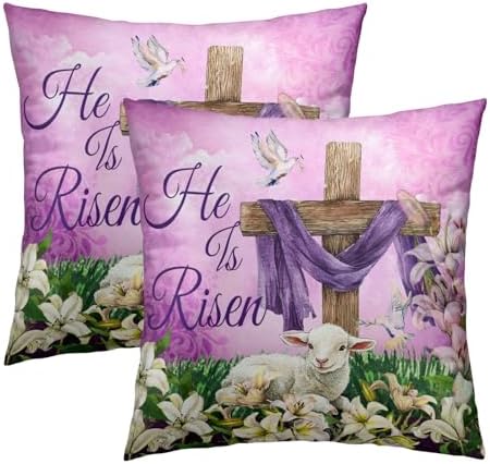 He is Risen Cross Christian Throw Pillow Covers 18''x18'' Set of 2 Easter Spring Pillowcase Religious Lily Floral Lamb Cotton Square Cushion Case Happy Holiday Pillows Protector for Home Sofa