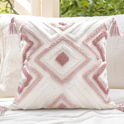 Boho Pillow Covers 18X18 Inch Boho Tufted Throw Pillow Covers Decorative Tassels Cushion Cover Farmhouse Pillow Case for Couch Sofa Bed Living Room Bedroom, Blush