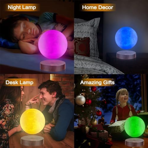 Levitating Moon Lamp.Floating and Spinning in Air Freely with Luxury Wooden Base and 3D Printing LED Moon Light Colors,for Unique Gifts,Room Decor,Night Light,Office Desk Tech Toys -6 Inch
