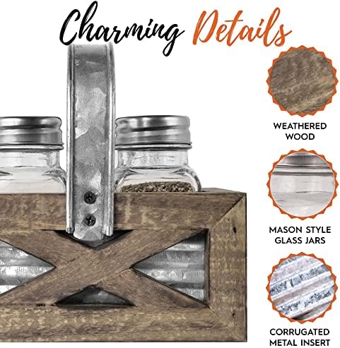 Autumn Alley Farmhouse Napkin Holder and Adorable Farmhouse Salt and Pepper Shakers Set With Wood Holder - Western Kitchen, Galvanized Metal - Upright Rustic Napkin Holder Rustic Kitchen Décor (Brown)