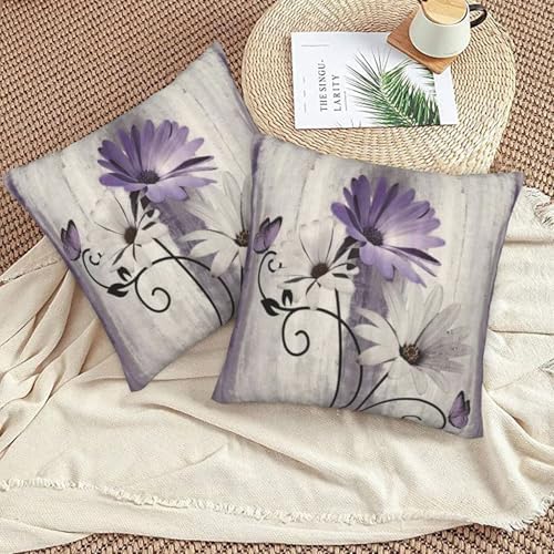 Purple Floral Pillow Covers 16 x 16 Inch Set of 2 Daisy Floral Butterfly Decorative Throw Pillow Covers Linen Rustic Farmhouse Cushion Cases for Home Sofa Couch Living Room Decor