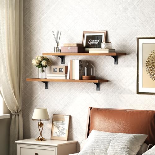 HOOBRO Floating Shelves for Wall, 23.6" Wall Mounted Shelves Set of 2, Hanging Storage Shelf with Metal Brackets, Wooden Shelf for Living Room, Bedroom, Bathroom, Rustic Brown and Black BF62BJP201G1