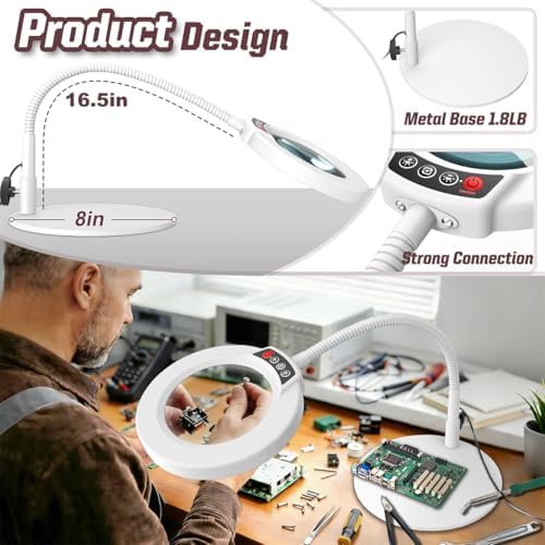 10X Magnifying Glass with Light and Stand, 16.5in Flexible Goose-Neck, 5 Color Modes Stepless Dimmable LED Lighted Desk Lamp, Hands Free Magnifier for Crafting Hobby Painting Close Work - White