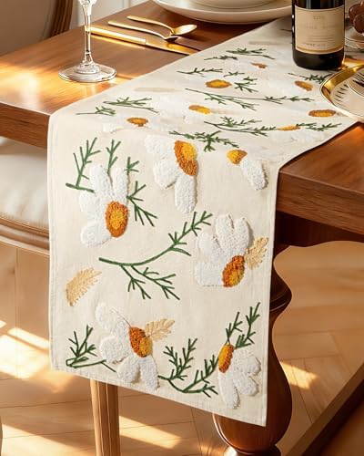 Canvas Embroidered Narrow 13"x 108" Table Runner, Beige Daisy