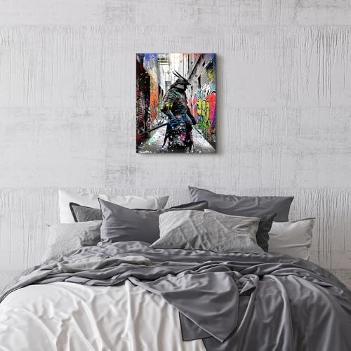 Wesluin 8"x10" Graffiti Samurai Canvas – Colorful Anime Japanese Wall Art | Urban warrior explodes from neon graffiti alley. Melding anime flair & street edge. Hook included, ready to hang.