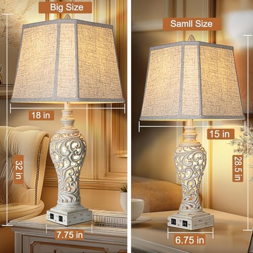 LuxSight Collection 32" Table Lamp Set of 2 with Nightlight and 2 USB Ports