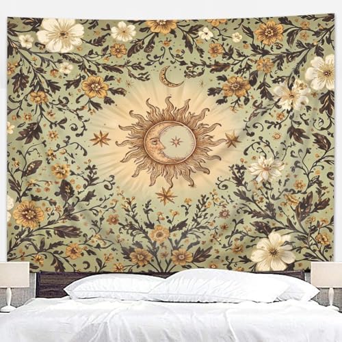Riyidecor Boho Sun and Moon Tapestry 59Wx51H Inch Green Bohemian Whimsical Floral Flower Leaves Plant Vintage Hippie Retro Rustic Wall Hanging Artistic Home Dorm Decor Art Living Room Bedroom