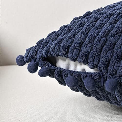 Fancy Homi Set of 2 Navy Blue Decorative Throw Pillow Covers 20x20 Inch with Pom-poms for Couch Bed Sofa, Modern Farmhouse Boho Home Decor, Soft Plush Corduroy Cute Cushion Case 50x50 cm