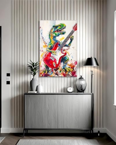 Dinosaur Canvas Wall Art Graffiti Wall Decor Framed Funny Dinosaur Play the Guitar Picture Modern Pop Painting Prints for Living Room Bedroom Home Office Ready to Hang - 16.00"x24.00"