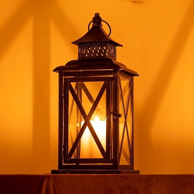 Lantern Decorative Indoor & Outdoor, 2 Pack Large Hanging Candle Lanterns Home Decor, Vintage Metal Candle Holders for Front Porch Patio Wedding Party, Halloween Christmas Decorations (Black)