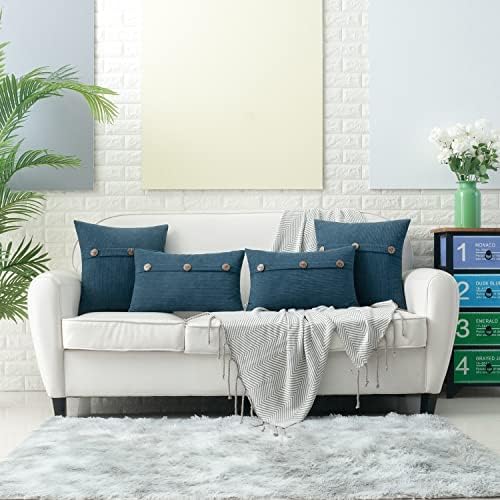 HWY 50 Blue Chenille Throw Pillow Covers 22x22 Inch Buttons Pack of 2