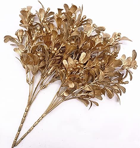 CATTREE Christmas Artificial Flowers, Golden Leaves Branches Plants Fake Berry Plant Decor for Wedding Party Indoor Outdoor DIY Home Office Table Centerpieces Arrangements Decoration - Gold 2 Pack