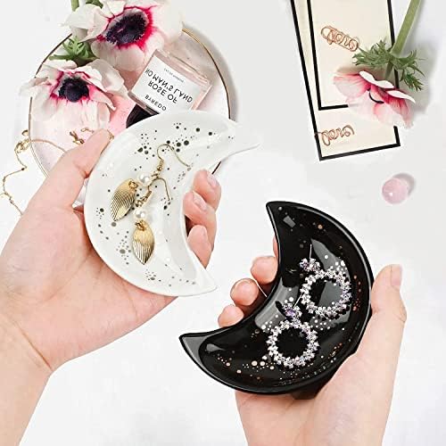 Small Moon Jewelry Dish Tray, Decorative Ceramic Trinket Dish, Modern Accent Tray for Vanity 2pcs（White and Black ）