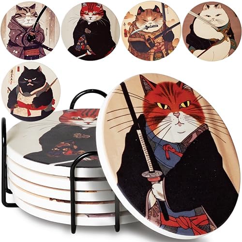 Ninja Cat Coasters Set of 6 - Funny Coasters Anime Cat Gifts for Men