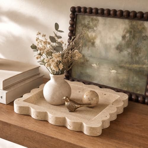 Decorative Scalloped Tray - Beautiful Travertine Stone Inspired 8"x8" Vanity Tray for Jewelry, Perfume and Trinkets - The Perfect Resin Decor Accent for Any Bathroom, Nightstand & Marble Coffee Table