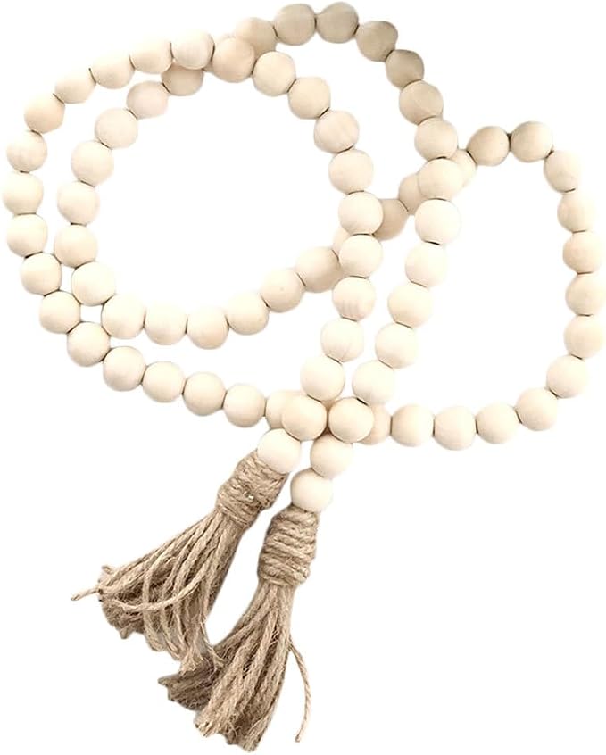 Vosarea Wood Bead Garland Rustic Farmhouse Beads with Tassel Home Wall Hanging Prayer Beads Decor Beads Wooden