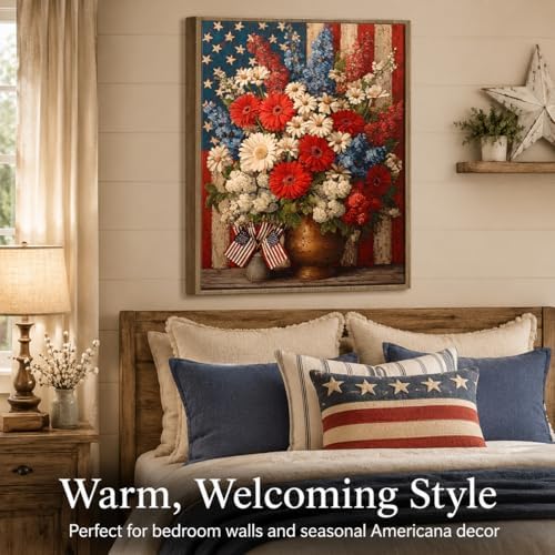 American Flag Framed Canvas Wall Art, 4th of July Patriotic Canvas Prints | Boy Holding USA Flag Poster Print, Modern Independence Day Wall Decor for Living Room Kids Room Dining Room Office 6×8in