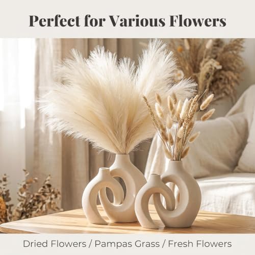 Aesthetic Cream White Ceramic Vase Set of 2, Snuggle Hollow Flower Vase Home Decor Living Room, Nordic Modern Boho ins Style Decorative Flower Vase for Coffee/Dining Table Decor (W 6.3" X H 8.4")