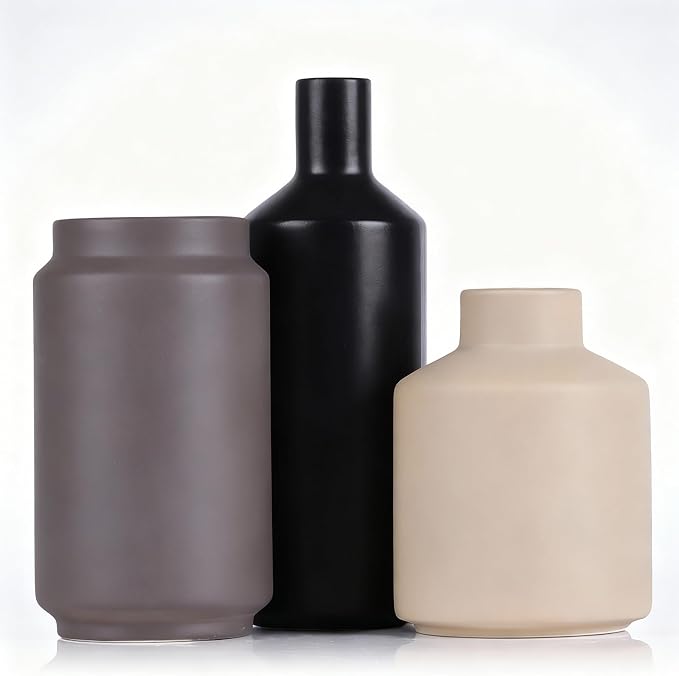 Ceramic Vase Set of 3 – Modern Decorative Vases for Home Decor, Small Flower Pottery Vase Sets, Boho Farmhouse Rustic Vases for Living Room, Kitchen, Bedroom, Bathroom, Shelf, Table