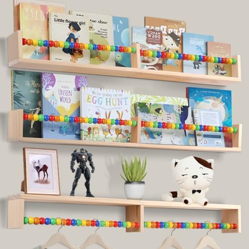 birola Nursery Book Shelves Set of 3,Wood Floating Book Shelves for Wall,Wall Book Shelf for Kids，Bathroom Decor, Kitchen Spice Rack (Five-Color Beads)