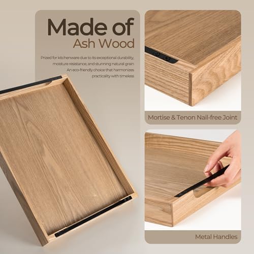 Axeman Wooden Serving Tray with Metal Handles|Ottoman Tray for Breakfast, Bed, Couch|17x13in Ash Wood Coffee Table Trays|Food Drinks Decorative Storage Boards for Ottoman Kitchen, Natural